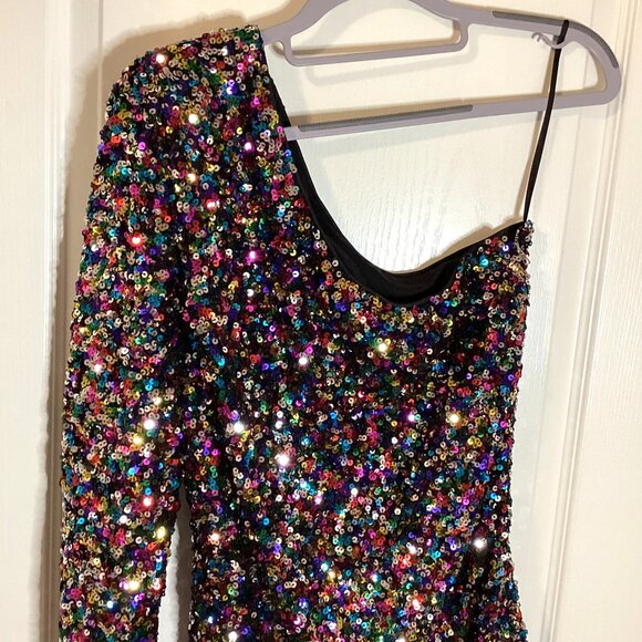 NWT LOVE & LEMONADE Women's One Shoulder Bodycon Sequin Dress Multicolored - Picture 3 of 8
